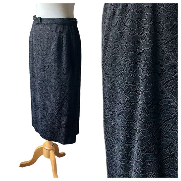 Vintage 1950s Black Lace Lined Midi Pencil Skirt with Belt - Picture 3 of 9
